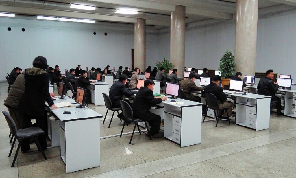 A computer room at the Grand People's Study House in Pyongyang, North Korea. The computers give access to a North Korean intranet, not the Internet. As of March 2014, the computers are set up with Windows XP and Internet Explorer 6.0. (Bjørn Christian Tørrissen)